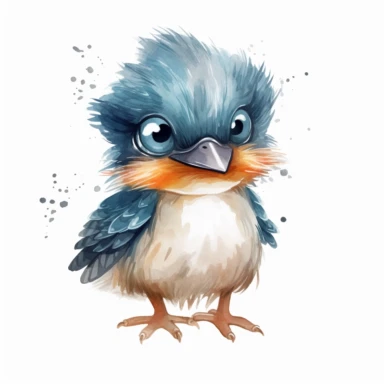 a playful baby kingfisher with kind eyes clipart with watercolor illustration,full body shot,8k,etsy style, white background