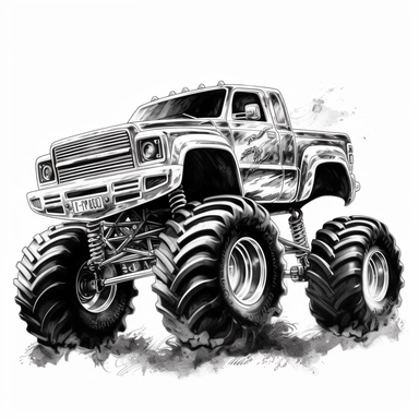 black and white monster truck clipart, 2d vector , sharp resolution, white background