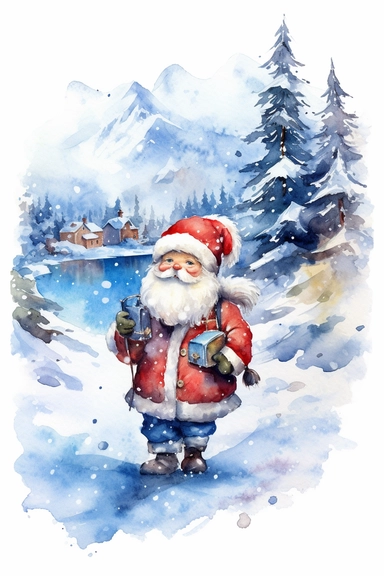 christmas theme Watercolor Cute santa claus wearing red & blue Clipart Collection in beautiful winter landscape with a lot of snow and a small lake, christmas theme, detailed, isolated, white background, one pattern,