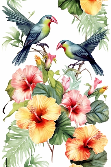 Watercolor flower, various color of hibiscus floral garden Bouquets PNG Clipart, wedding digital wildflower green leaves herbs Lisima, tropical birds