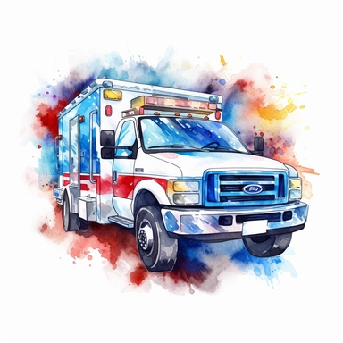 watercolor clipart Ambulance in action driving fast with blue lights flashing white background clear outlines