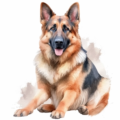 watercolour cute german shepherd dog sitting beautiful details four perfect legs and paws realistic beautiful facial features ultra detailed ultra photo real intricate detailed png image ,high definition,300dpi,graphic clipart,computer graphics