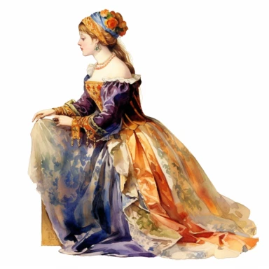 In this watercolor clipart, a somewhat side view of a medieval beautifully dressed young lady of high nobility takes center stage. Her elegant attire reflects her noble status, with intricate details and luxurious fabrics that drape gracefully around her figure. The vibrant colors of the watercolor bring the scene to life, capturing the essence of the medieval era. Adorned with fabulous jewelry, the young lady exudes opulence and refinement. Sparkling gemstones, delicate pearls, and intricately 