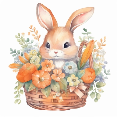 clipart, cute baby bunny in a basket full of carrots and flowers, watercolor, vector, isolated white background, 16k