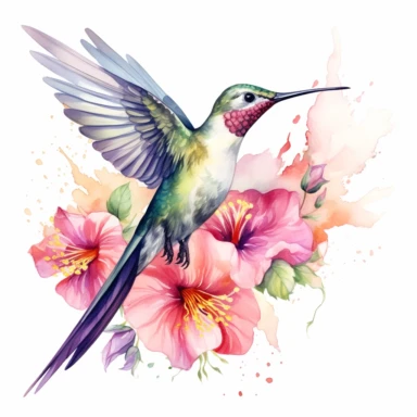 watercolor hummingbird getting nectar from a flower. White background. Clipart