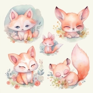 watercolor clipart of an adorable cute baby fox sleeping in the moon wearing nice clothes, different lateral standing poses, perfect both ears and hands, different colors, a few flowers decor, cute cartoon animal