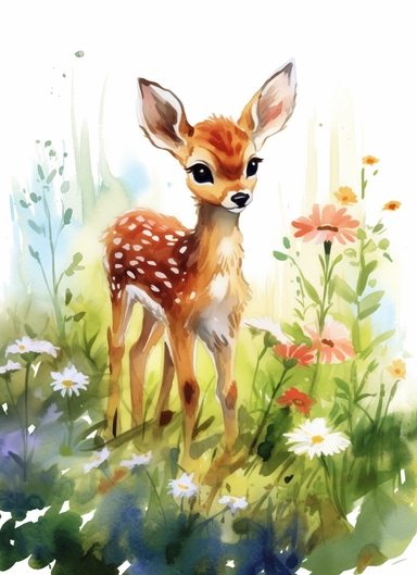 baby deer on a flower field, in the style of 2d game art, nostalgic paintings, 32k uhd, colorful dreamy watercolor scenes, adventure pulp, classical, historical genre scenes, rough-edged 2d animation, watercolor clipart, white background