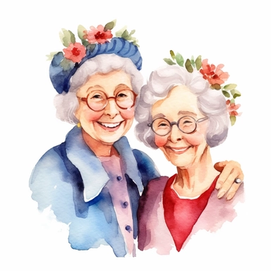 a watercolor clipart image with a white background, featuring a cute sweet extremely happy two cartoon grandmas