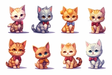 9 sets of a cute baby kitten Munchkin, smile,round face,round head,Wearing a flower bow tie,different poses,different breeds, clipart, isolated on white background, spaced out,