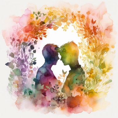 An ethereal and romantic scene captured in a gay couple rainbow watercolor clipart, set against a pristine white background. The artwork depicts two figures, elegantly intertwined, surrounded by delicate watercolor blooms and foliage. The couple's silhouettes are outlined in bold and confident strokes, while the vibrant colors of the watercolor create a sense of energy and vitality. The flowers and foliage add a touch of enchantment, evoking a sense of nature's beauty and tranquility. The overal