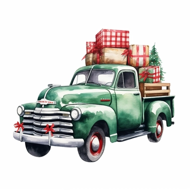 vector watercolor hyper realistic vintage classic dark green Christmas truck red hubcaps plaid giftwrap clipart on white background, Christmas truck with presents, photorealistic, realistic, detailed watercolor style, on white background