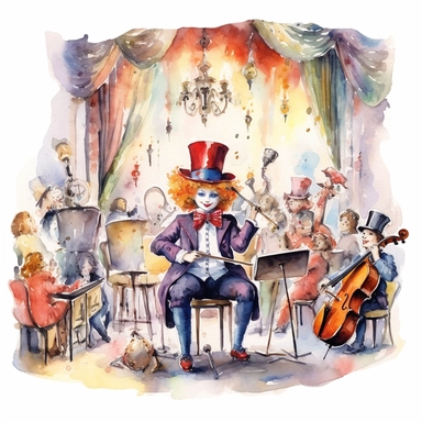 watercolor of concert performed by the Queen of Hearts in The Mad Hatter's Tea Party, super detailed, clipart