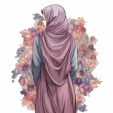 Hijabi woman back full body view clipart illustration, muslim lady clipart, veiled woman clipart, floral lady hijab clipart , digital illustration style,