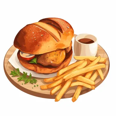 quarter chicken dinner with bread roll and fries clip art with white background