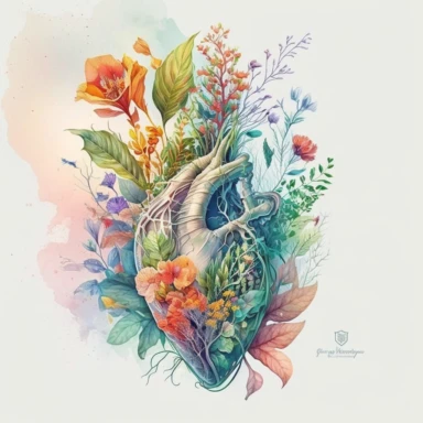 Generate a beautiful digital watercolor clipart illustrating flowers growing from a human heart, replacing the traditional vase. The art should evoke a sense of spring, with a variety of flowers in vibrant, spring-like colors. The heart from which the flowers grow should be detailed and realistic, adding a touch of whimsy and symbolism to the piece. The flowers should bloom from the realistic heart, they should bloom and be beautiful.
