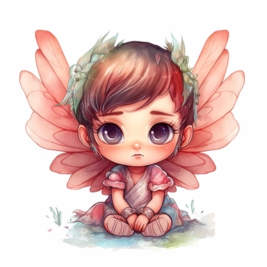 chibi little girl, big eyes, dressed as a fairy with wings on her back, beautiful and happy, she is sitting and head is turned towards camera, very detailed and realistic, watercolor, white background with margins, clipart style