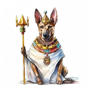 A clipart of a dog dressed as a pharaoh, wearing a crown and carrying a scepter, watercolor style, realistic, bright colors, 300 dpi, 8k, white and clear background