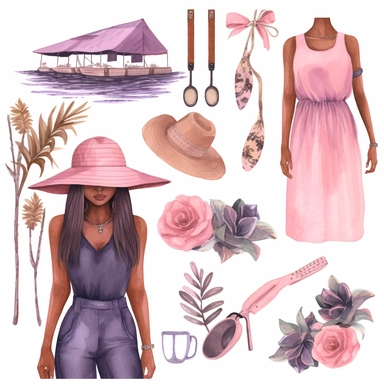 mauve, watercolor, summer vacation, black women, boho, clipart set