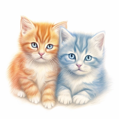 3 fuzzy kittens color pencil sketch on a white background for clipart