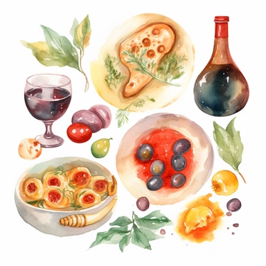 Watercolor illustration of italian cuisine clipart, created by WorldFoodArtX, showcasing vibrant colors, delicate brushwork, and cultural authenticity, perfect for menu design, food blogging, recipe books, or educational projects