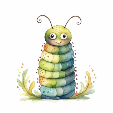 a whimsical caterpillar clipart with watercolor illustration,full body shot,8k,etsy style, white background