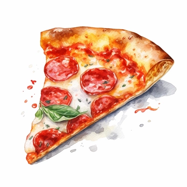 watercolor realistic salami cheese pizza slice isolated oil painting clipart white background