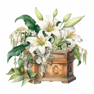 beautiful elegant victorian jewellery box with casablanca lilies, detailed realistic watercolor illustration, white background clipart