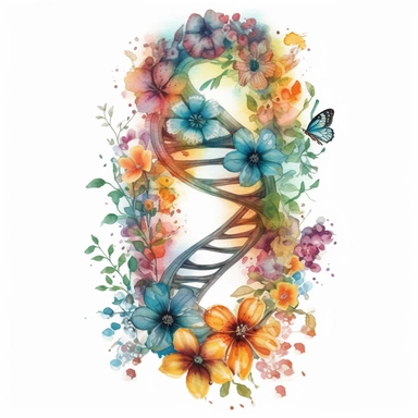 a DNA with Flowers watercolor Clipart sublimation clipart graphic, full body, clipart, sticker, a single picture, cartoon style, highly detailed, 8k, one image in the frame--no text in the picture--