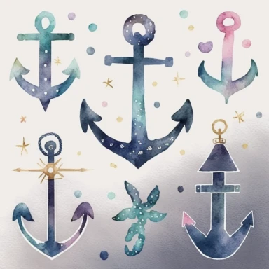 watercolor clipart of an anchor , cute cartoon nautical, watercolor, watercolor paper texture, no background. clear simple shapes.Adorable. High quality