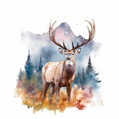 watercolor style, buck deer with the mountain forest in the back clipart, isolated on white background, hd