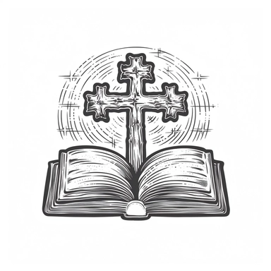 Bible book with a cross on it, Line art style, clipart solid white background