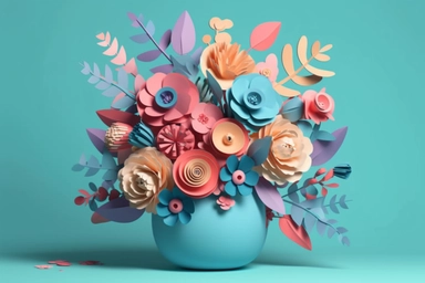3d render, craft paper flowers, pink vase, floral bouquet, botanical arrangement, bright candy colors, nature clip art isolated on sky blue background vector art illustration