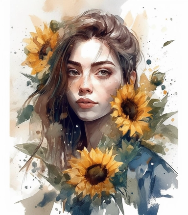 CREATE A MAGNIFICENT AND EXQUISITE BREATHTAKING HIGH QUALITY HIGHLY DETAILED WATERCOLOR CLIPART ILLUSTRATION OF STUNNING an illustration of a women with sunflowers, in the style of photo-realistic drawings, charming anime characters, animated gifs, realistic watercolor paintings, 1st version, ferrania p30, dark beige and azure