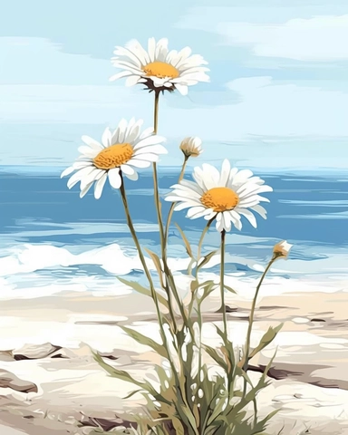 beautiful daisies on the beach clipart, colored pencil drawing, minimalism, carefree summer day, contour, isolated white background, no shadows,
