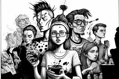 Creative Evocative Illustrations, social discussion, problematic filters, inked, Clipart, monochrome, art by ChrisWaikikiAI,