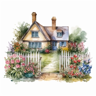 watercolour English cottage garden with a mix of colorful flowers and hedges plain background a png image that can be used as clipart