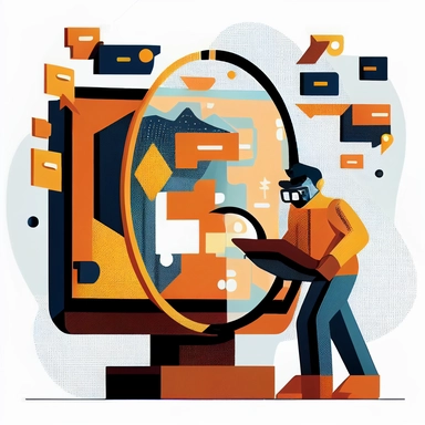 person with a magnifying glass protecting a computer screen with chat boxes, in the style of bold graphic illustrations, light orange and dark gold, color-blocked shapes, clear edge definition, weathercore, multi-layered figures, tagging and marking style, vector graphic, clipart