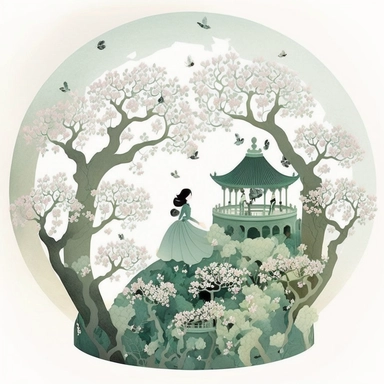 in the style of Ryo Takemasa, xuan loc xuan, Lisa Audit, Anastasia Suvorova, Jon Klassen, greg tocchini, separated isolated single of round gateway, hidden green garden in the Forbidden City, petals rain, wind blowing, flowers, tranquil and serene, white background, fantasy, magical, cute, white background, cozy, vector, clipart, elaborate, ultra-detailed, best quality, well composed, vibrant colors, high definition, UHD