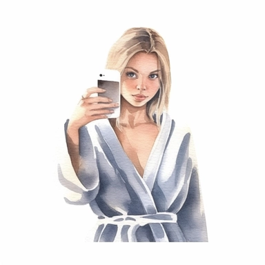 a feminine minimal watercolor sticker of a woman taking a selfie in a bathrobe. Watercolor. Clipart. Neutral color palette. White background. Artistic illustration. Minimal. Hand-drawn.