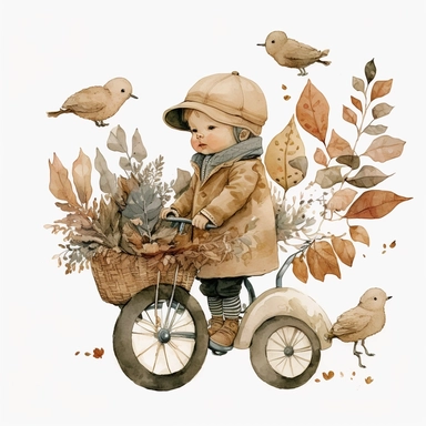 watercolor, very cute little child in a pastel beige coat with lots of pockets, vintage magician hat, baby orange trousers, holding a basket, with a backpack, on a vintage tricycle with big wheels, sorounded by flyes and birds, and some big leafes behind, clipart, white background