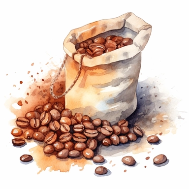 one Coffee beans in a bag Watercolor Clipart On a white background, in the style of realistic landscapes with soft, tonal colors, anselm kiefer, rim light, isolated figures, functional, fluid and loose, no watermark, text, words, paintbrush, typography, the images do not stick together