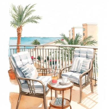 watercolor, hyper realistic, white background, white margins, 16k, ultra detailed clipart, cut out image, hand-drawn, whimsical manhwa style, ultra HD, sharp and clean art cozy balcony with a colorful rug, a comfortable armchair, and a small table with a cup of coffee, overlooking a beach with palm trees.