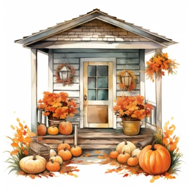 vector watercolor cute Fall Autumn vintage Autumn porch with fall autumn flowers and pumpkin decor clipart on white background, fall, vintage holiday autumn porch, photorealistic, ultrarealistic, no background, on white