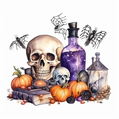 hand drawn Halloween decorations on the table, hocus locus vibes, Halloween cockies, vibrant colors, magical , spooky, very detailed and realistic, watercolor, white background with margins, clipart style