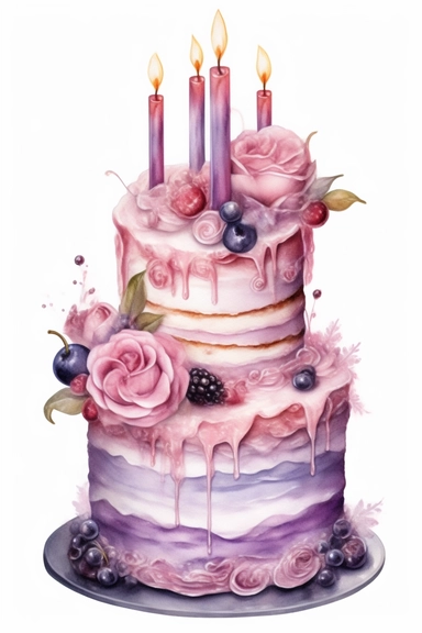 amazing detailed watercolor clipart of a beautifully detailed lilac and baby pink colored birthday cake, no caption, solid white background, cinematic light lighting, hyper-detailed, 8k, high resolution, symmetrical, full shot photograph, insanely detailed and intricate, beautiful, elegant, glamour, watercolor, cinematic
