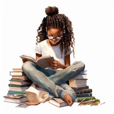 Watercolour mixed Black Girl Reading Clipart, braids, reading in a fort, Girl Studying Clipart, Book Lover , Student Clipart, Reading Png,Bookworm, hd, white background, spaced out, pastel colors, cartoon realism details--ar 3:2
