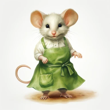 clipart vector image with plain white background of a watercolor painting of a white mouse standing. wearing a green skirt and a light green apron. extremely detailed.