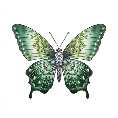 Clipart of green butterfly in the style of watercolour, clean outline, individual, magical, enchanted,