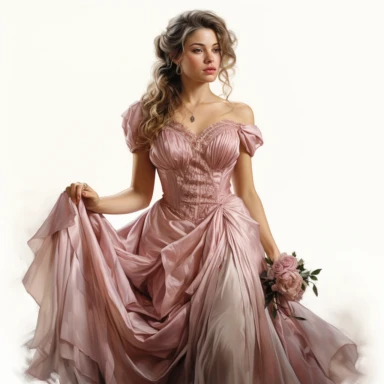Victorian lady, soft pink gown, full-body length, sophistication, grace, smile, clipart, white background, intricate detail