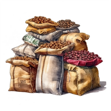 amazing coffee beam in bags and bulk, tasteful, watercolor, clipart, high contrast, highly detailed, octane render, hd, 8k, isolated white background